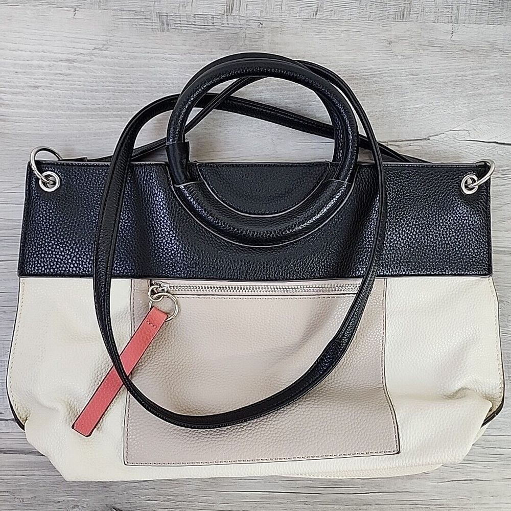 Liz Claiborne Womens Colorblock Tote Bag Black Cream Taupe Magnetic Closure